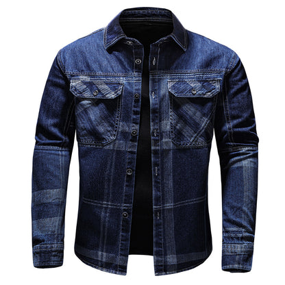 Fashion Plaid Denim Long-sleeved Shirt Man Blue