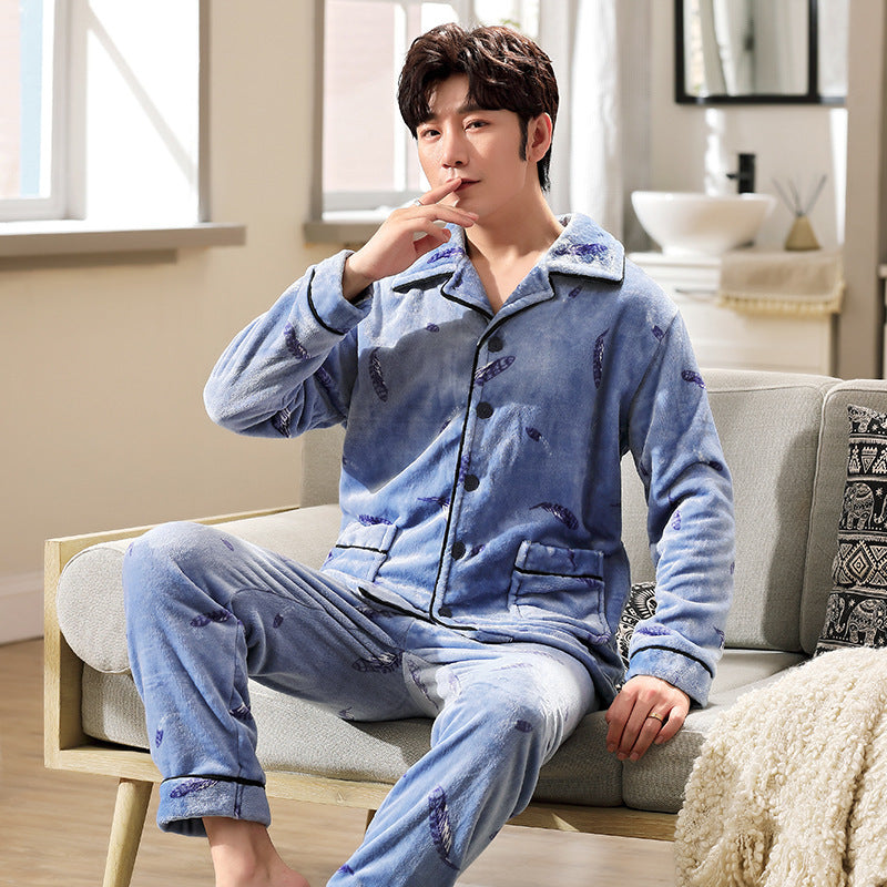 Autumn And Winter Flannel Men's Pajamas Men's Lapel Cardigan Buy Center